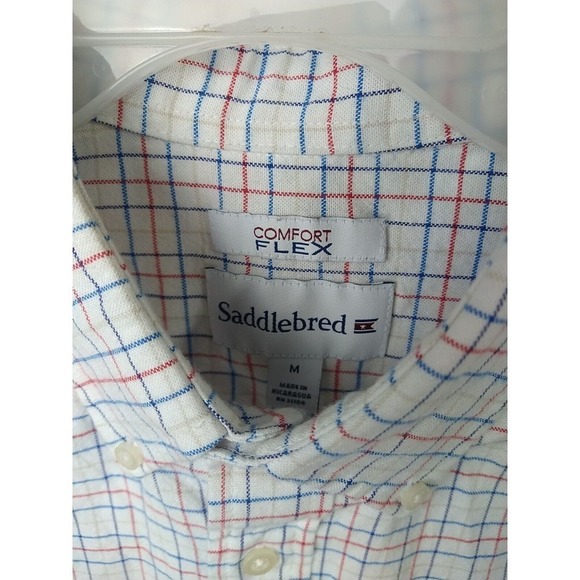Saddle Bred White Red Brown Blue Collared Plaid Comfort Flex. SizeM - Picture 6 of 10